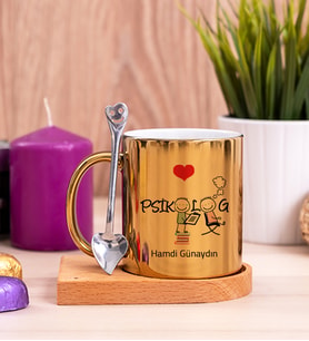 Psikolog Ahşap Altlıklı Gold Kupa Bardak