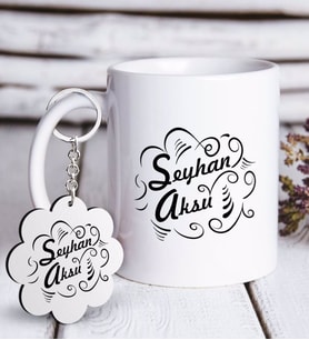 BK Gift Kişiye Özel İsimli Beyaz Kupa ve Anahtarlık Hediye Seti-6 (Model 1)