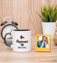 Fizyoterapist Siyah Kupa Bardak ve Sarı Mini Fotoğraf Çerçevesi
