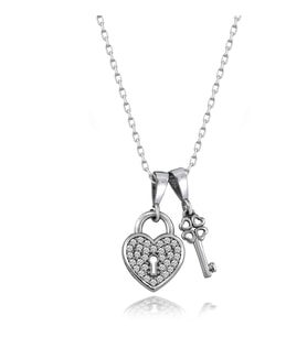Swarovski Taşlı Kalp Kilidi Gümüş Bayan Kolye Sertifikalı Qr Kod