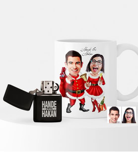 BK Gift Kişiye Özel Yılbaşı Temalı Sevgililer Karikatürlü Çakmak ve Kupa Seti - 3