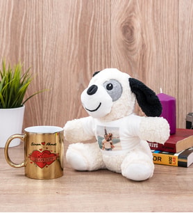 Sevgiliye Hediye Tarihli ve İsimli Gold Kupa Bardak ve Peluş Köpek