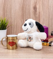Sevgiliye Hediye Tarihli ve İsimli Gold Kupa Bardak ve Peluş Köpek