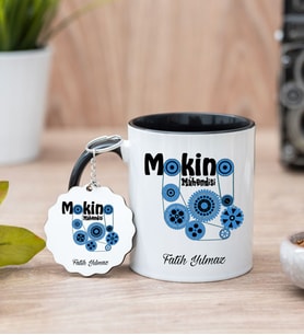 Makine Mühendisi Siyah Kupa Bardak Ve Anahtarlık Set