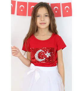 Breeze Kiz Çocuk Tişört Türk Bayraklı 4-14 Yaş, Kırmızı