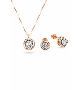 Gümüş Elmas Montür Set Baget Kadın Gümüş Kolye Küpe Set (Rose)