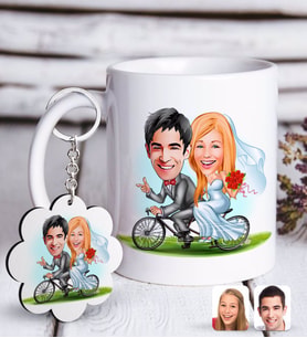 BK Gift Kişiye Özel Evleniyoruz Karikatürlü Beyaz Kupa ve Anahtarlık Hediye Seti-3 (Model 1)