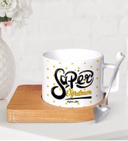 BK Gift Kişiye Özel Süper Öğretmen Ahşap Altlıklı Seramik Fincan-1 (Beyaz)
