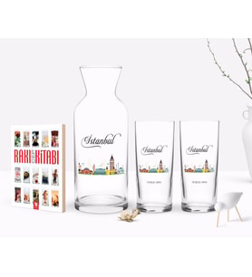 BK Gift Kişiye Özel Renkli Baskılı İstanbul Tasarımlı Turistik İkili Rakı Bardağı Karaf ve Cep Kitabı Hediye Seti-3 (Model 1)