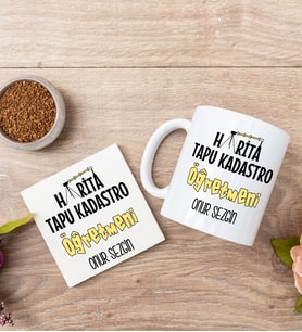 Harita Tapu Kadastro Öğretmeni Beyaz Kupa Bardak Ve Bardak Altlığı Seti