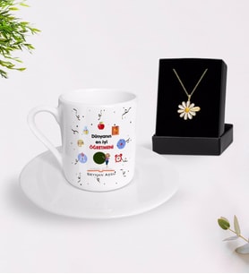 BK Gift Kişiye Özel Dünyanın En İyi Öğretmeni Türk Kahvesi Fincanı ve İsimli Papatya Kolye Hediye Seti-24 (Model 1)
