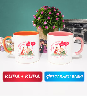İkili Sevgiliye Sevgililer Günü Hediyesi 5 Kupa Bardak Turuncu Pembe