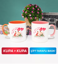 İkili Sevgiliye Sevgililer Günü Hediyesi 5 Kupa Bardak Turuncu Pembe