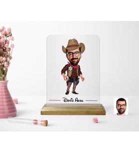 BK Gift Kişiye Özel Kovboy Karikatürlü Ahşap Standlı Çerçeve-2 (Beyaz)