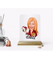 BK Gift Kişiye Özel Kadın Emlakçı Karikatürlü Ahşap Standlı Çerçeve-2 (Beyaz)