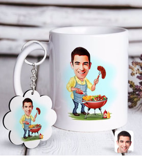 BK Gift Kişiye Özel Erkek Mangalcı Karikatürlü Beyaz Kupa ve Anahtarlık Hediye Seti-1 (Model 1)