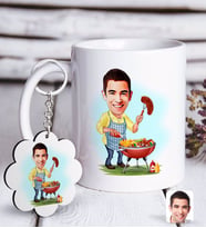 BK Gift Kişiye Özel Erkek Mangalcı Karikatürlü Beyaz Kupa ve Anahtarlık Hediye Seti-1 (Model 1)