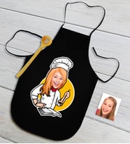 BK Gift Kişiye Özel Bayan Chef Karikatürlü Siyah Mutfak Önlüğü-12