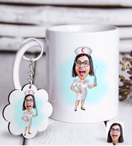 BK Gift Kişiye Özel Hemşire Karikatürlü Beyaz Kupa ve Anahtarlık Hediye Seti-1 (Model 1)