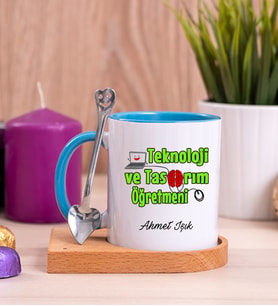 Teknoloji ve Tasarım Öğretmeni Ahşap Altlıklı Mavi Kupa Bardak