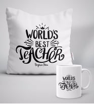 BK Gift Kişiye Özel Dünyanın En İyi Öğretmeni Beyaz Yastık Kupa Seti-30 (Model 1)