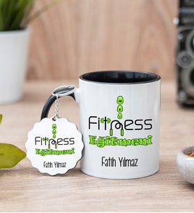 Fitness Eğitmeni Siyah Kupa Bardak Ve Anahtarlık Set
