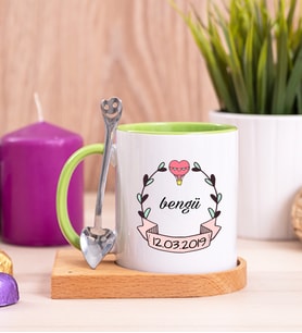 İsim Yazılı Tarihli Ahşap Altlıklı Yeşil Kupa Bardak