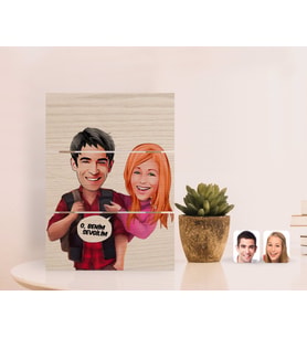 BK Gift Kişiye Özel Sevgililer Karikatürlü Otantik Masaüstü Ahşap Palet Çerçeve-91 (Beyaz)