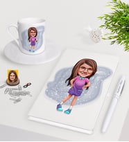BK Gift Kişiye Özel Kız Çocuk Karikatürlü Beyaz Defter Kalem Türk Kahvesi Fincanı Seti-3 (Model 1)