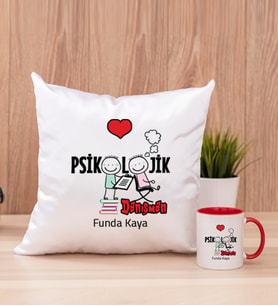 Psikolojik Danışman Kare Yastık ve Kırmızı Kupa Bardak