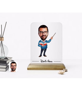 BK Gift Kişiye Özel Erkek Öğretmen Karikatürlü Ahşap Standlı Çerçeve-2 (Beyaz)