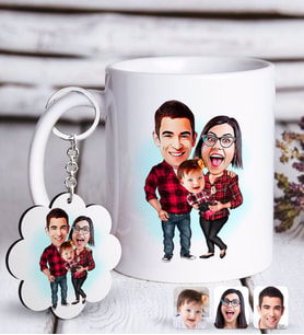 BK Gift Kişiye Özel Aile Karikatürlü Beyaz Kupa ve Anahtarlık Hediye Seti-2 (Model 1)