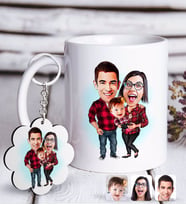 BK Gift Kişiye Özel Aile Karikatürlü Beyaz Kupa ve Anahtarlık Hediye Seti-2 (Model 1)