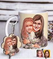 BK Gift Kişiye Özel Kız Kardeşler Karikatürlü Beyaz Kupa ve Anahtarlık Hediye Seti-4 (Model 1)