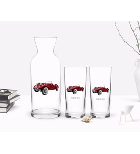 BK Gift Kişiye Özel Renkli Baskılı Retro Otomobil Tasarımlı İkili Rakı Bardağı ve Karaf Hediye Seti-4 (Beyaz)