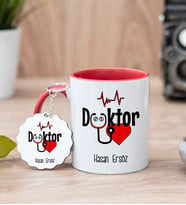Doktora Hediye Kırmızı Kupa Bardak Ve Anahtarlık Set