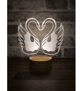 Kuğular Led Masa Lambası Hediye Gece Lambası Ahşap Taban 7 Farklı Işık Renkli