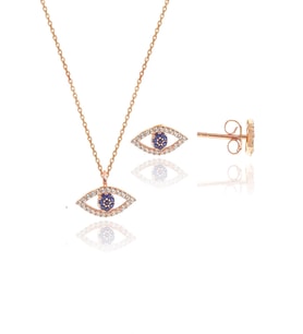 Söğütlü Silver Gümüş rose zirkon taşlı safir göz kolye ve küpe gümüş ikili set