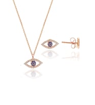 Söğütlü Silver Gümüş rose zirkon taşlı safir göz kolye ve küpe gümüş ikili set