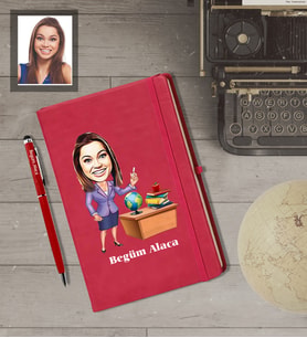 Kişiye Özel Öğretmen Karikatürlü  Kırmızı Defter Kalem Hediye Seti Bayan-3