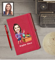 Kişiye Özel Öğretmen Karikatürlü  Kırmızı Defter Kalem Hediye Seti Bayan-3