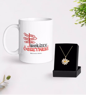 BK Gift Kişiye Özel İngilizce Öğretmeni Beyaz Kupa ve Papatya Kolye Hediye Seti-1 (Model 1)