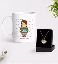 BK Gift Kişiye Özel Dünyanın En İyi Öğretmeni Beyaz Kupa ve Papatya Kolye Hediye Seti-17 (Model 1)