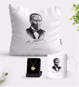 BK Gift Kişiye Özel Atatürk Temalı Beyaz Kupa Yastık ve İsimli Papatya Kolye Hediye Seti-14 (Model 1)