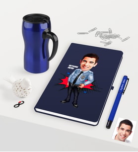 BK Gift Kişiye Özel Bay Polis Karikatürlü Lacivert Defter Kalem Termos Mug Seti - 1 (Model 1)