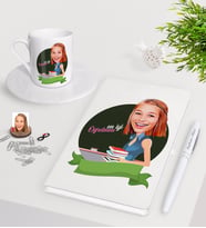 BK Gift Kişiye Özel Bayan En İyi Öğretmen Karikatürlü Beyaz Defter Kalem Türk Kahvesi Fincanı Seti-1 (Model 1)