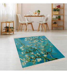 Van Gogh Badem Çiçekleri Tablo Dijital Baskı Yıkanabilir Modern Salon Halı ve Yolluk (Mavi)
