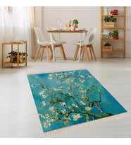 Van Gogh Badem Çiçekleri Tablo Dijital Baskı Yıkanabilir Modern Salon Halı ve Yolluk (Mavi)
