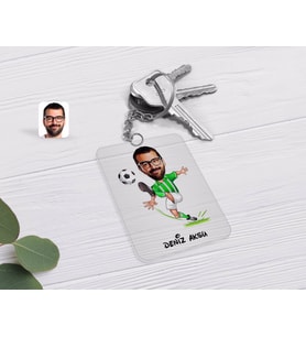 BK Gift Kişiye Özel Erkek Yeşil Beyaz Futbolcu Karikatürlü Şeffaf Pleksi Anahtarlık-1