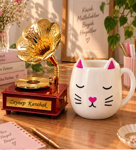 Kişiye Özel Hareketli Gramafon Müzik Kutusu & Kedi Kupa